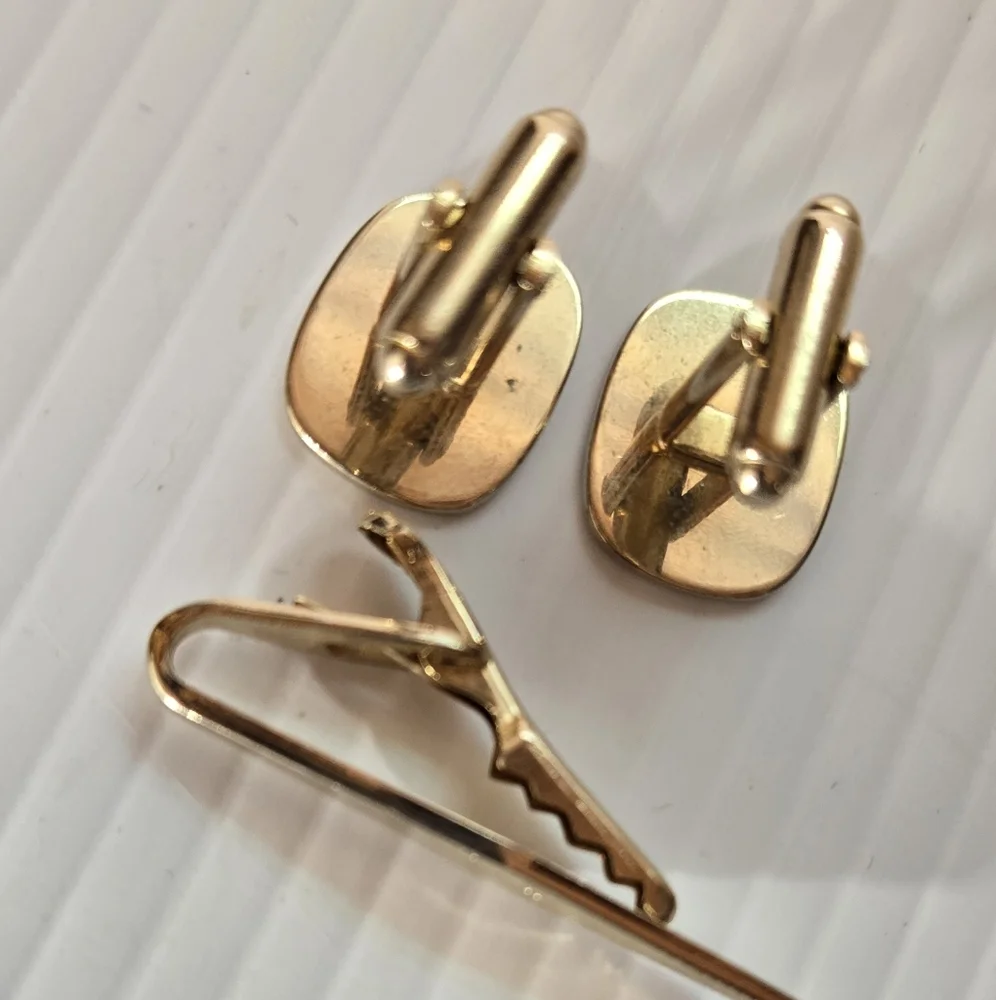 Vintage Gold Tone Cufflinks and Tie Clip Set